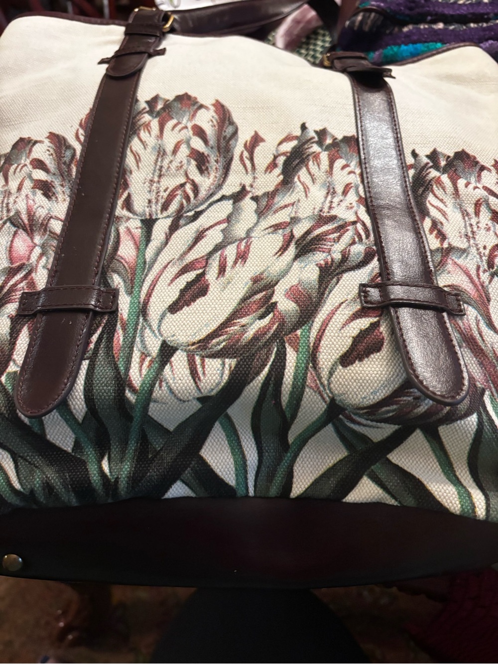 Anthropologie Tote (Miss Albright) Flora Canvas Tote Bag with leather straps.